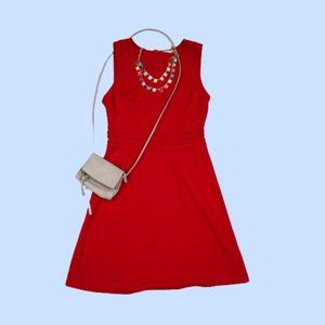 Outfit Red Sleeveless Dress Gray Purse